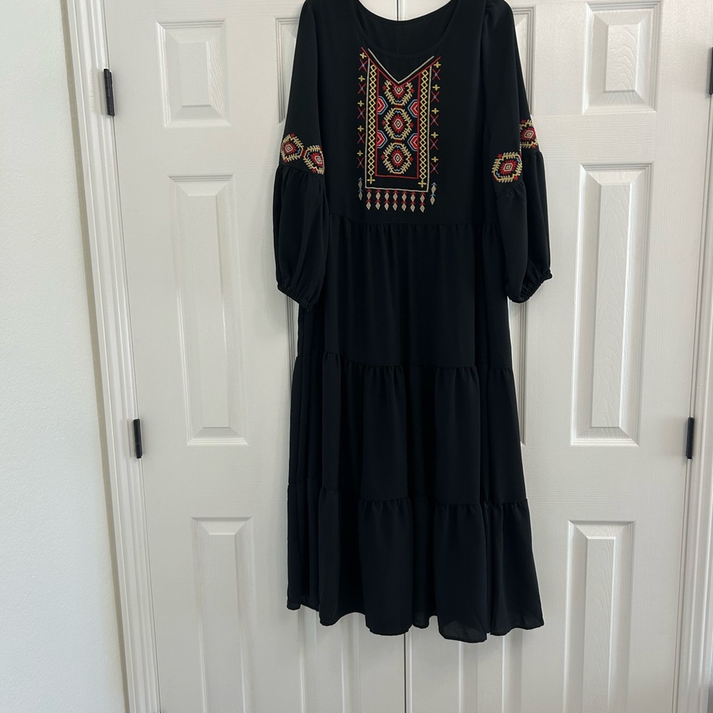 SHEIN Black Long Sleeve Dress with Colorful Embroidery